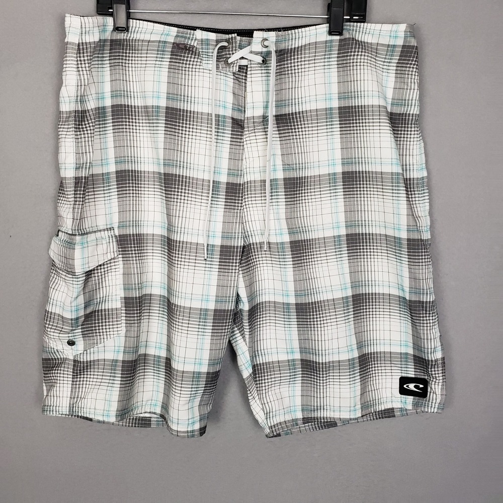O'Neill Men's Size 36 Board Short Swim Trunks White Gray Plaid Mesh Lined Surfer